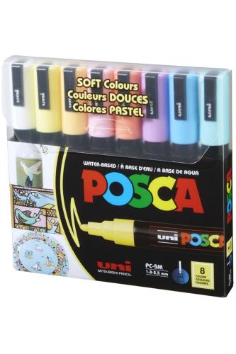 UNİ POSCA 8 Renk PC-5M SU BAZLI 1,8-2,5mm.POSTER MARKÖR SOFT RENKLER
